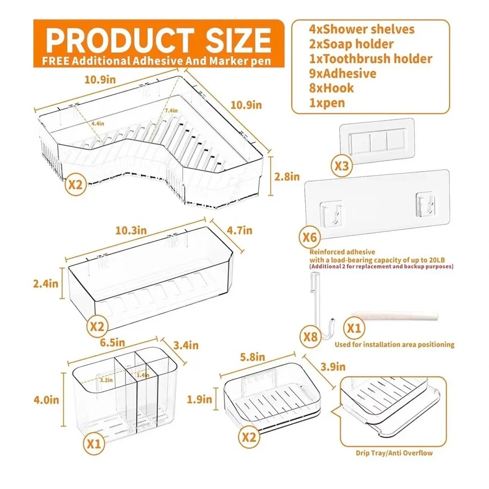 7 Piece Clear Shower Caddy Set Adhesive Wall Mount Bathroom Organizer